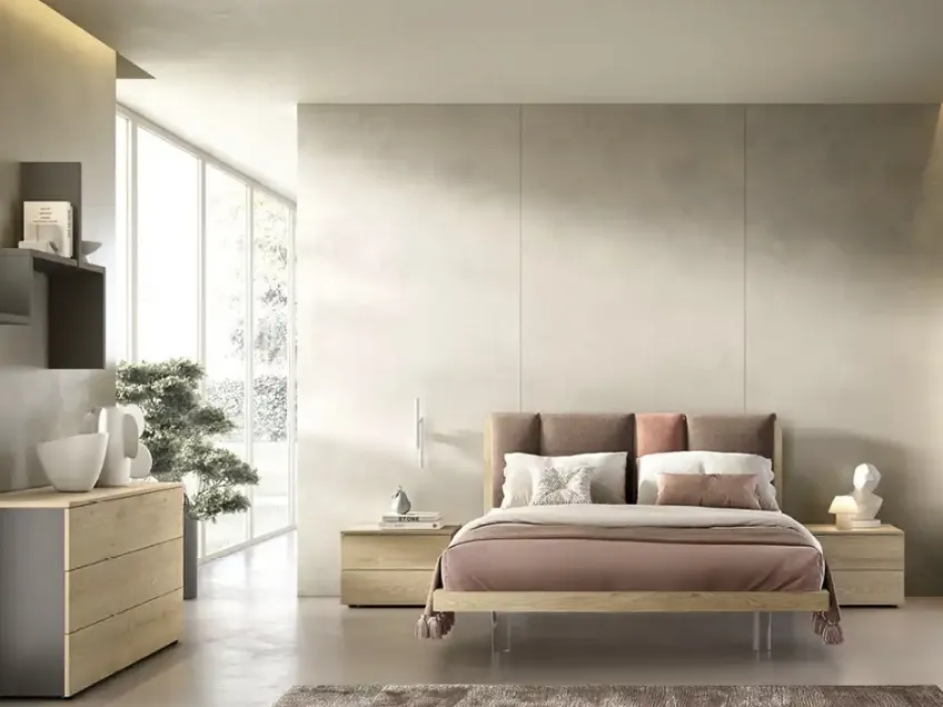 Letto Take I13 in rovere miele con testiera in tessuto imbottito di Moretti Compact Giorno Notte