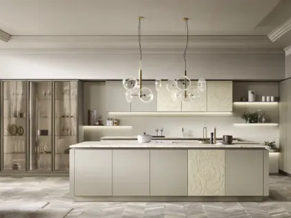 Cucina Moderna con isola Mirage 01 in laccato e malta con decoro di Moretti Cucine