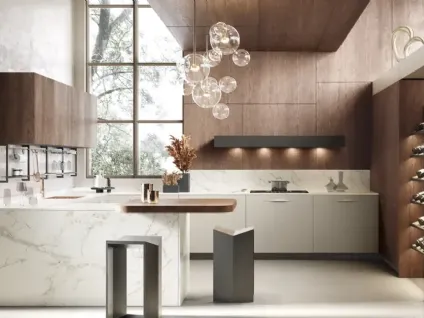 Cucina Moderna con penisola Moon 03 in laccato, rovere e dekton di Moretti Cucine